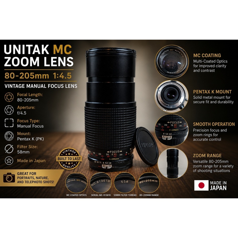 Unitak MC Auto Zoom 80-205mm f4.5 Lens Pentax K Mount Vintage Manual Focus Japan